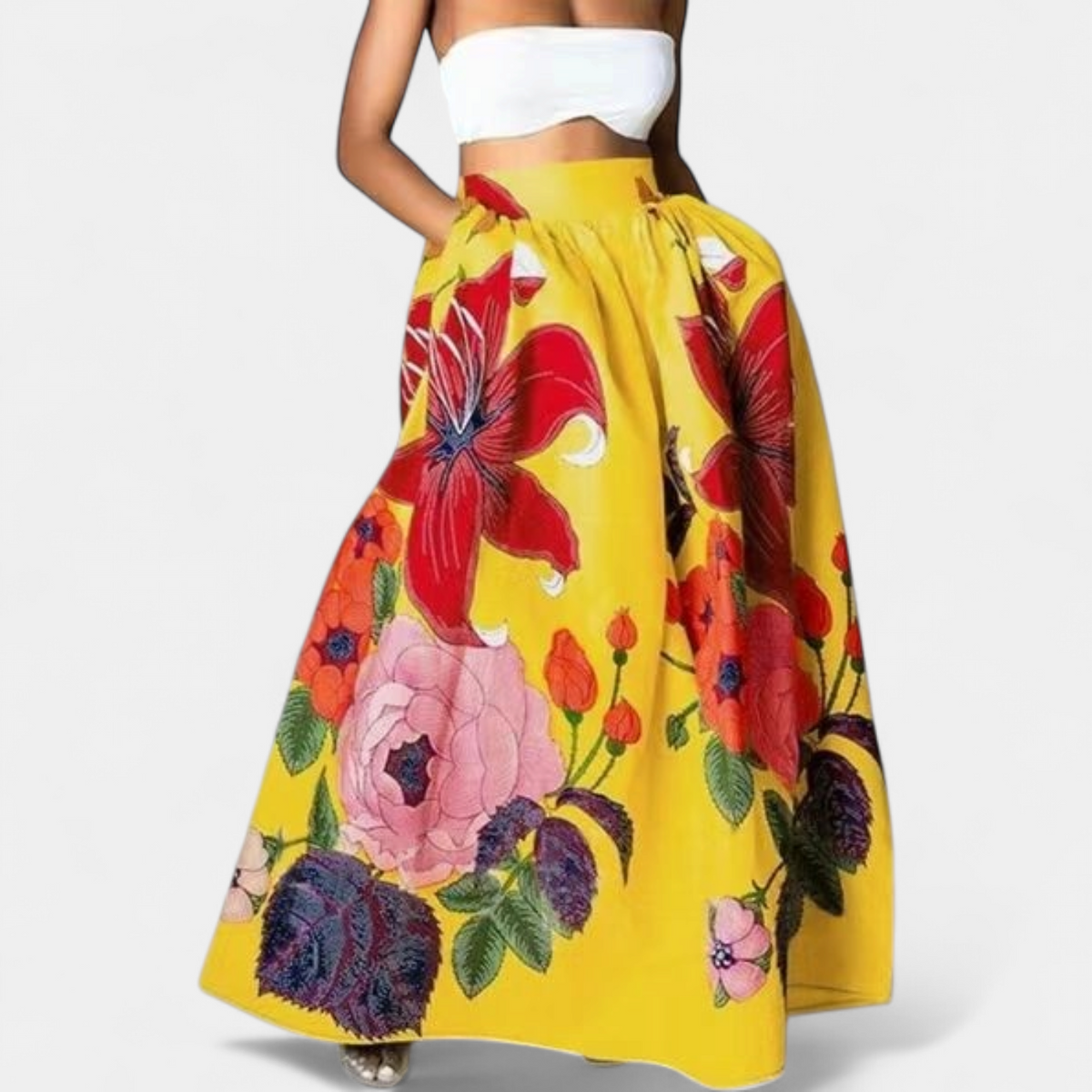 Women's Pleated Floral A Line Maxi Skirt with Pockets