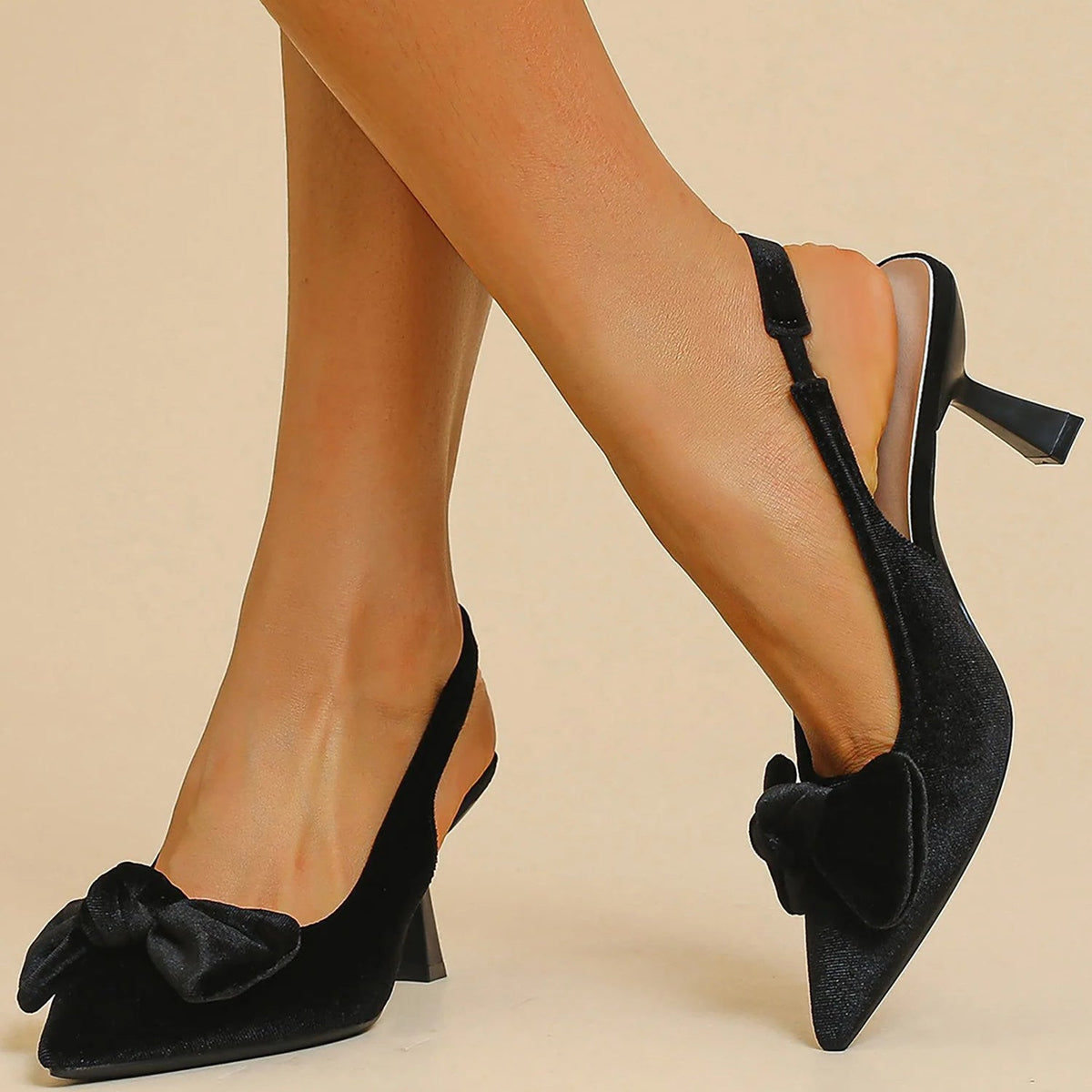 Women's Kitten Heel Slingback Pumps, Pointed Toe Velvet Bow