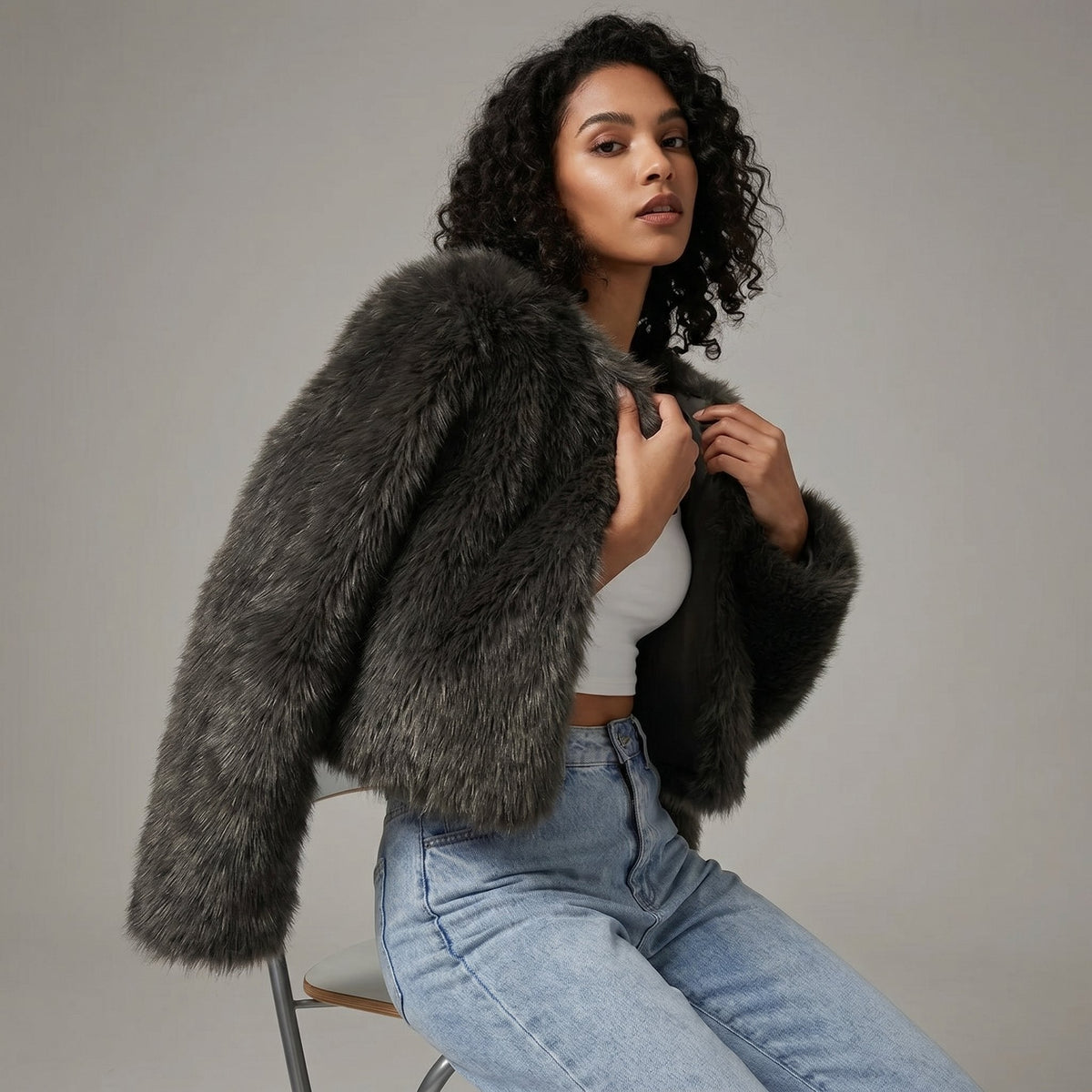 NORA | Women's Fluffy Faux Fur Cropped Jacket
