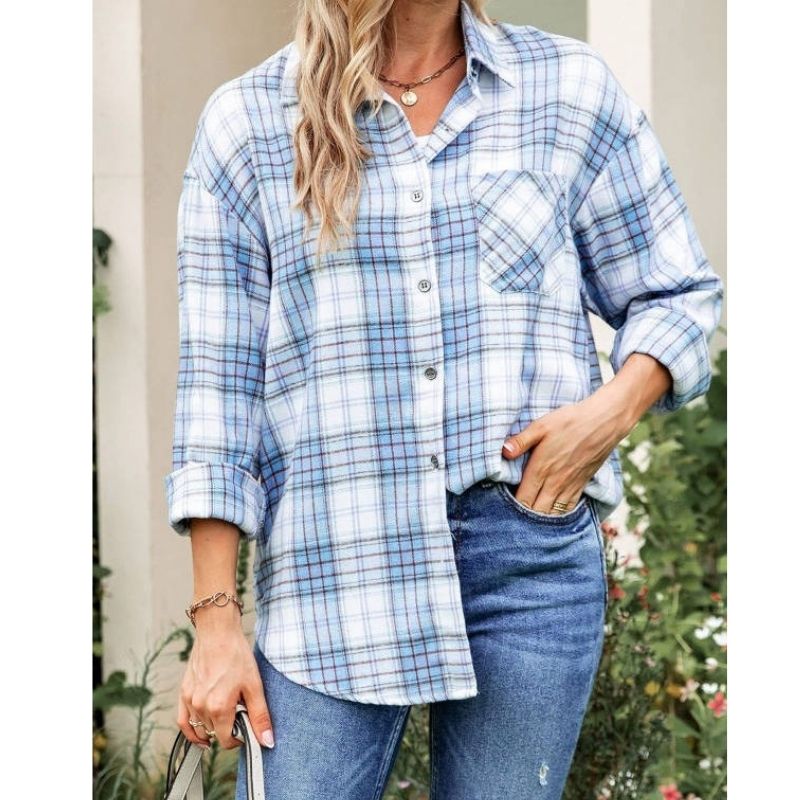 Womens Flannel Plaid Soft Flannel Button Down Shirt, Roll Up Long Sleeve Plaid Blouse