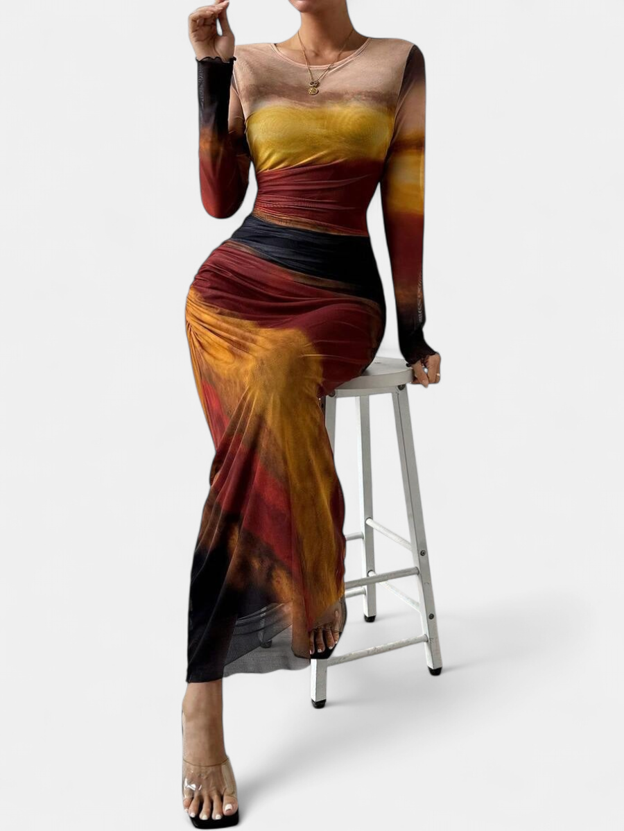 TORINA | Printed Bodycon Long Sleeve Maxi Dress