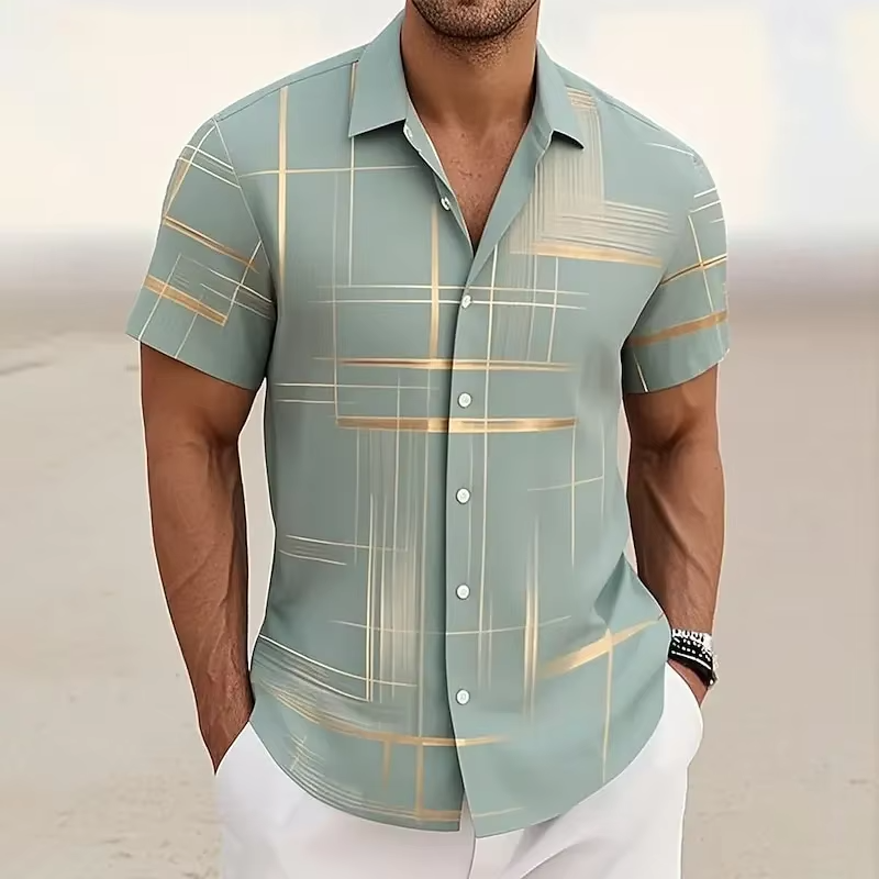 Short Sleeve Button Shirt with 3D Geometric Plaid Pattern and Polyester Blend