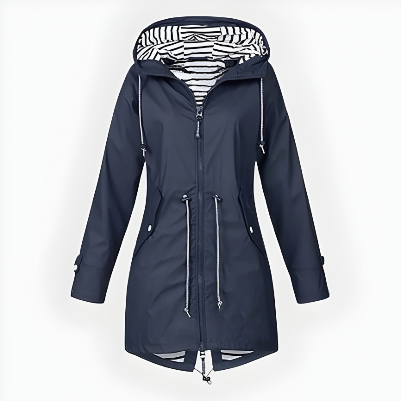 Womens Waterproof Long Rain Jacket with Adjustable Hood and Breathable Fabric