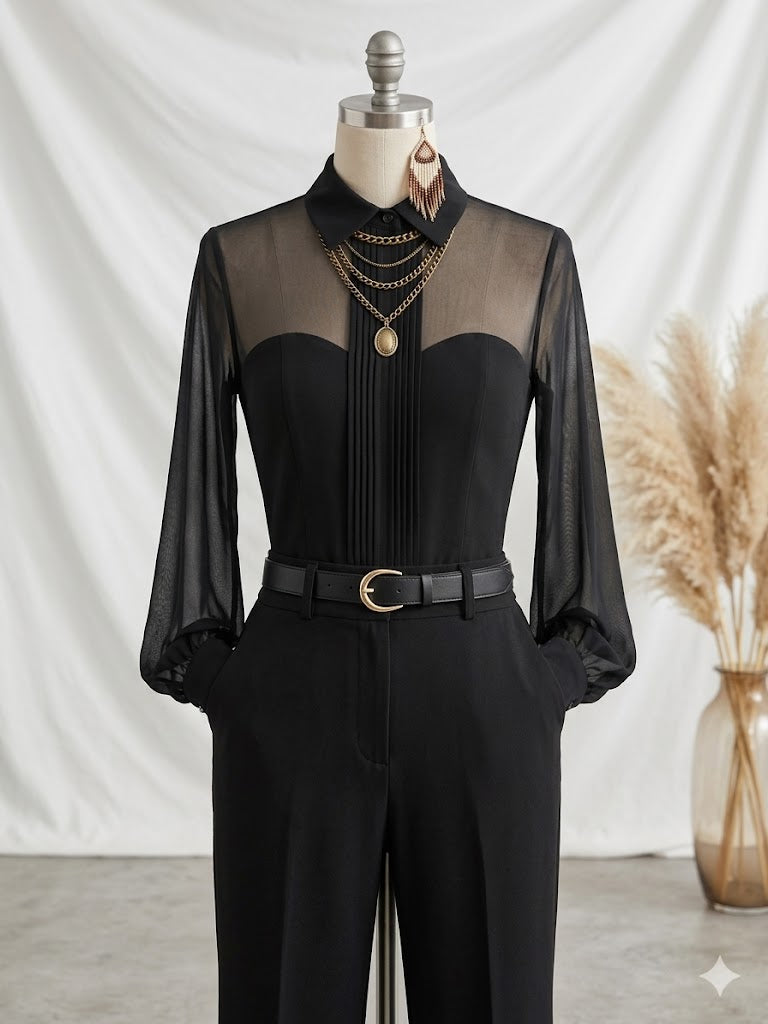Women's Solid-color Shirt-collar Long-sleeve Loose Casual Top