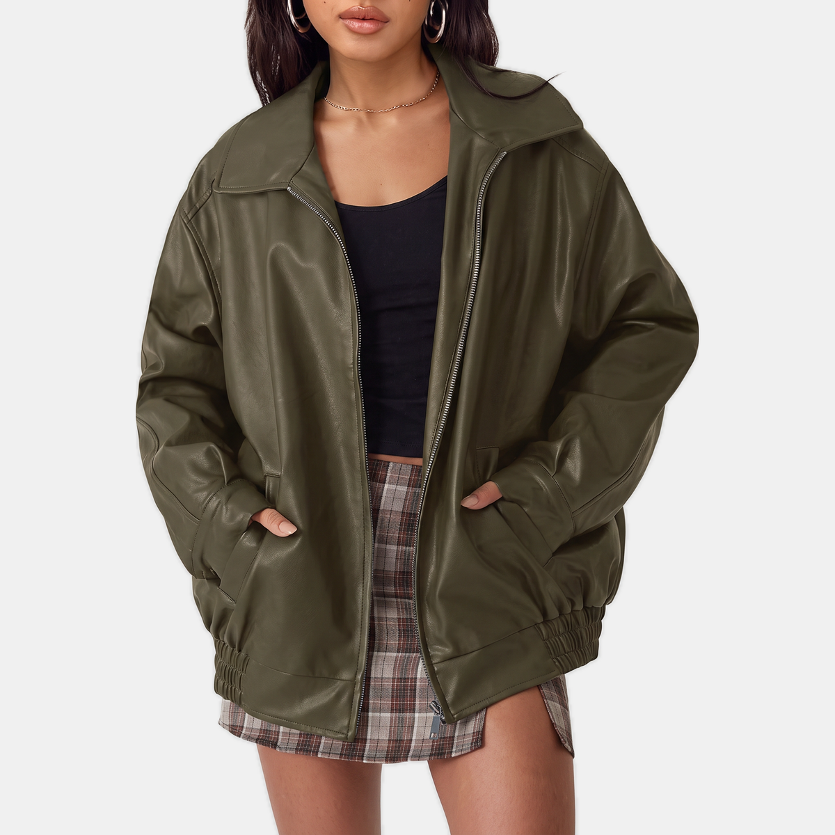 Women's Oversized Leather Bomber Jacket, Zip Front