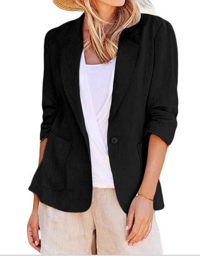 Womens Linen Blazer with Cinched Waist and Ruched Three Quarter Sleeves