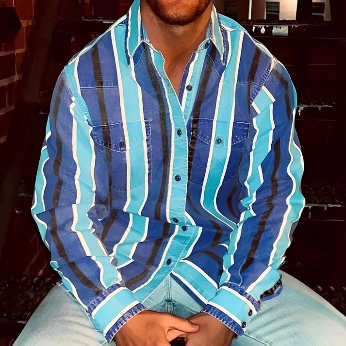 Long Sleeve Striped Shirt with Color Block Design and Relaxed Fit