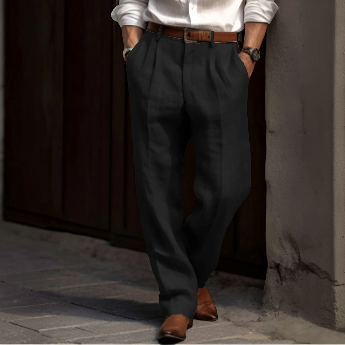 Mens Pleated Cotton Linen Pants with Elastic Waist and Reinforced Seams