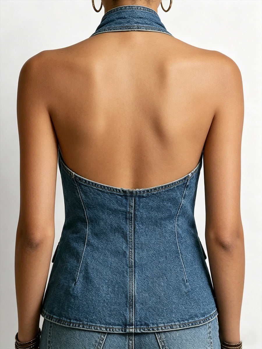 Stylish Casual Halter-neck Denim Top