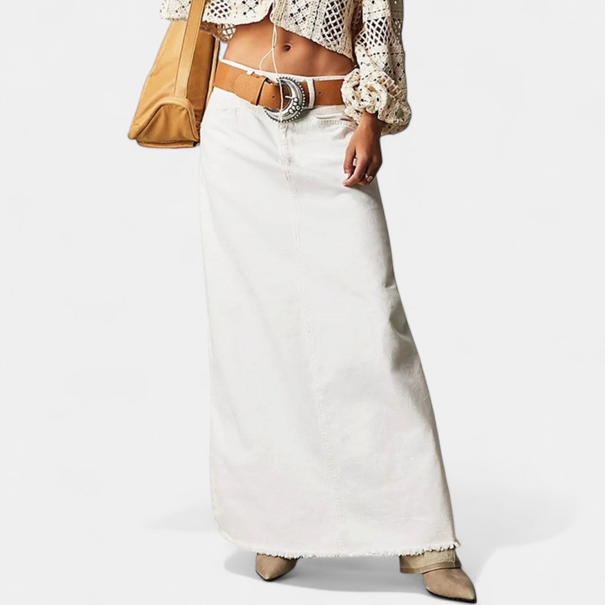 Women's A Line Denim Maxi Skirt, High Waist Raw Frayed Hem