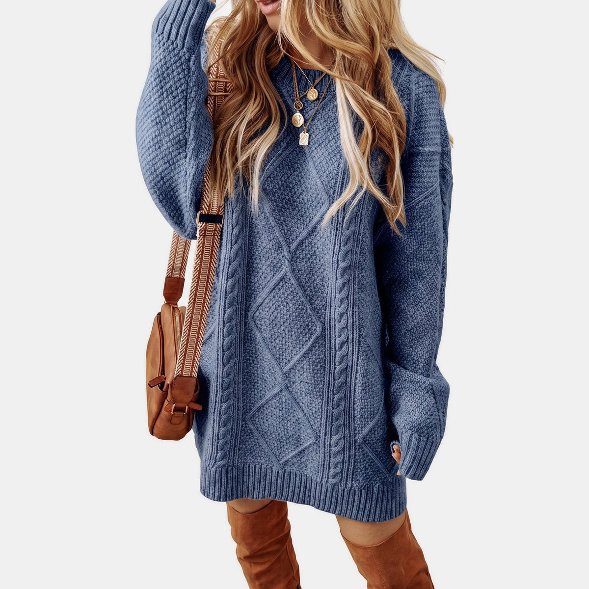 Women's Long Sleeve Oversized Cable Knit Sweater Dress, Crew Neck