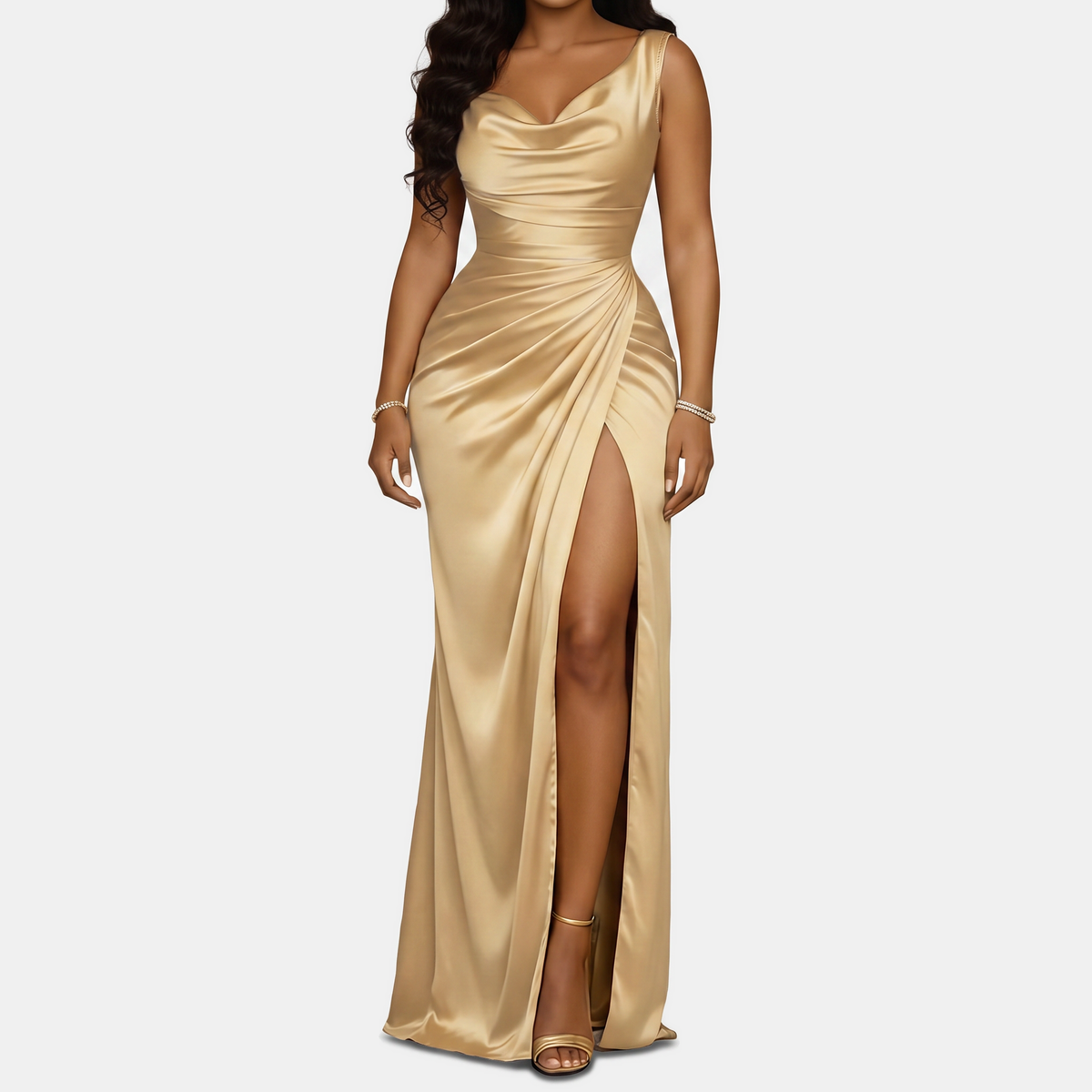 Women's Mermaid Satin Homecoming Dress, Cowl Neck High Slit