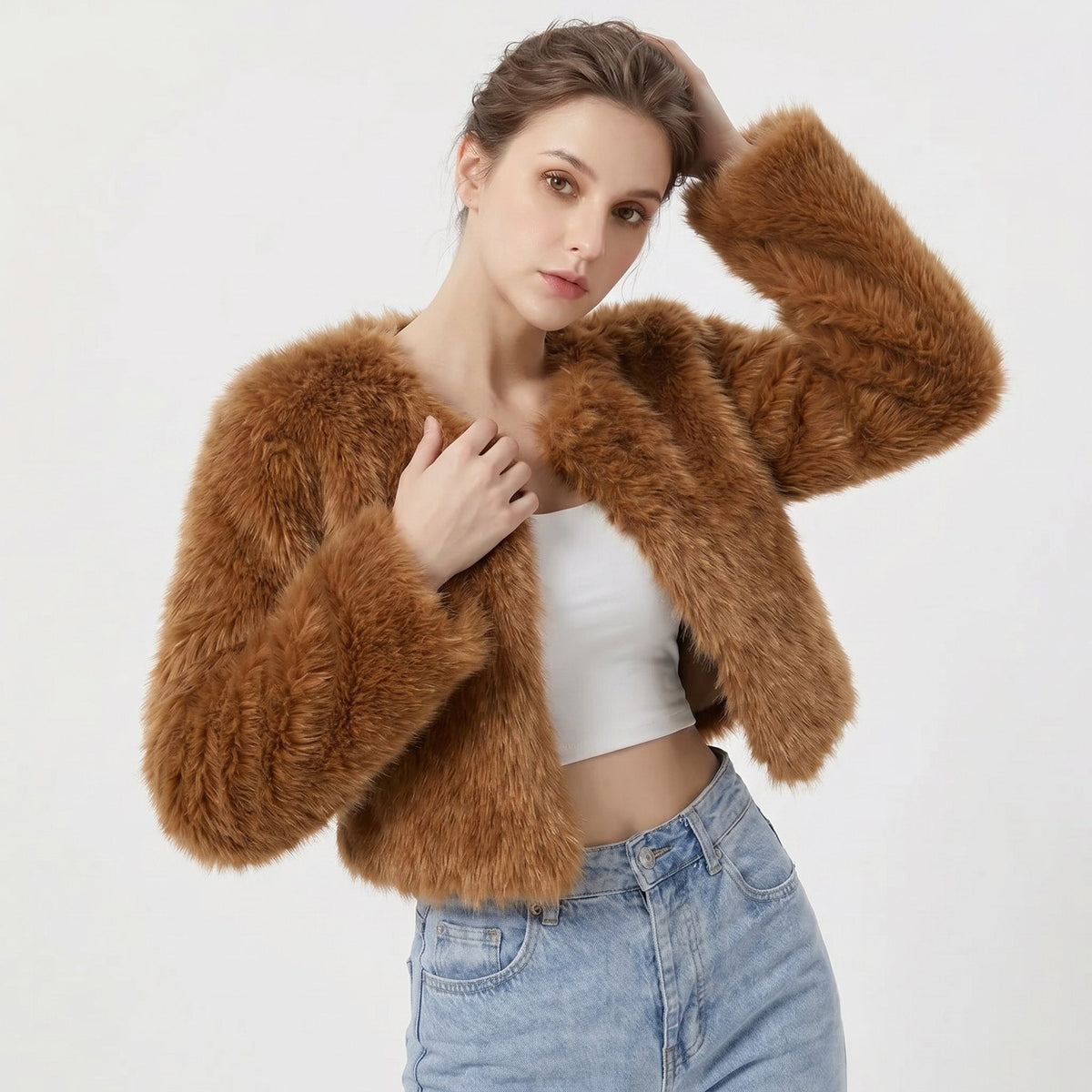 NORA | Women's Fluffy Faux Fur Cropped Jacket