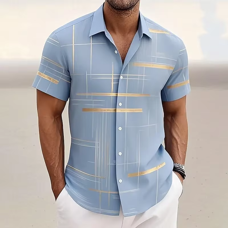 Short Sleeve Button Shirt with 3D Geometric Plaid Pattern and Polyester Blend