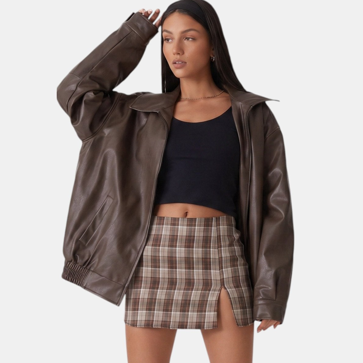 Women's Oversized Leather Bomber Jacket, Zip Front