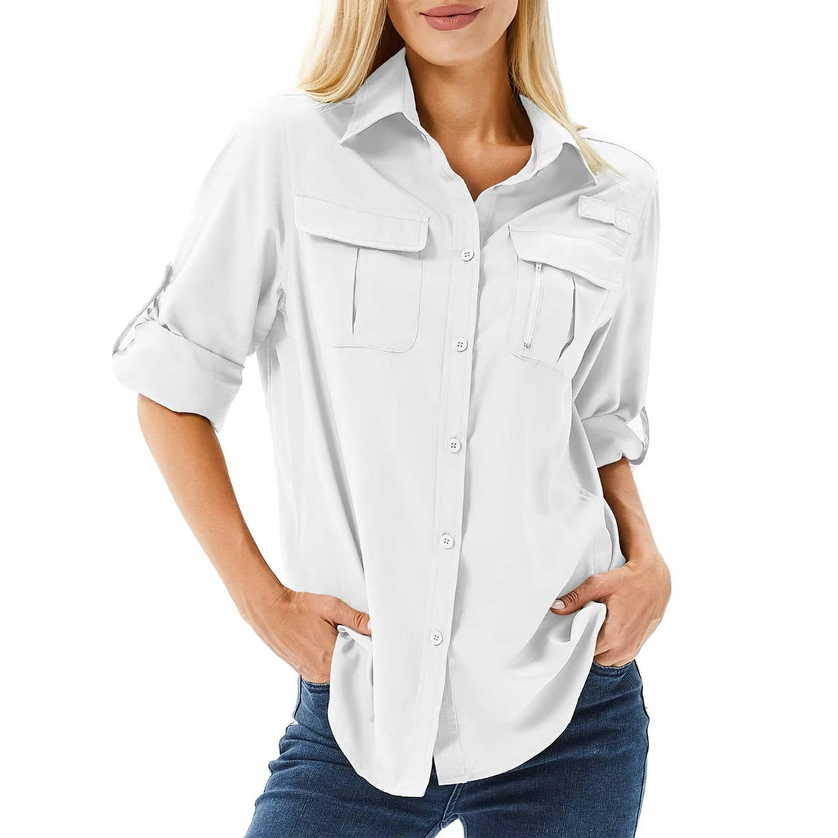 Womens UPF 50 Long Sleeve Shirt with Convertible Sleeves and Mesh Back, Hiking Fishing