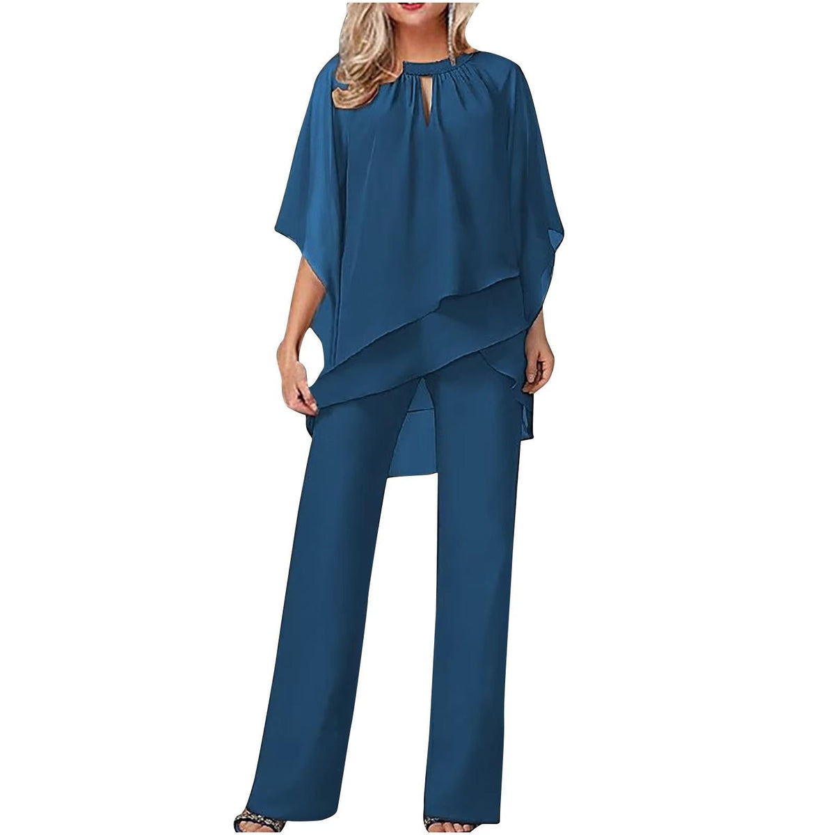 Womens Chiffon Pantsuit with Batwing Sleeves and Shimmer Details, Machine Washable