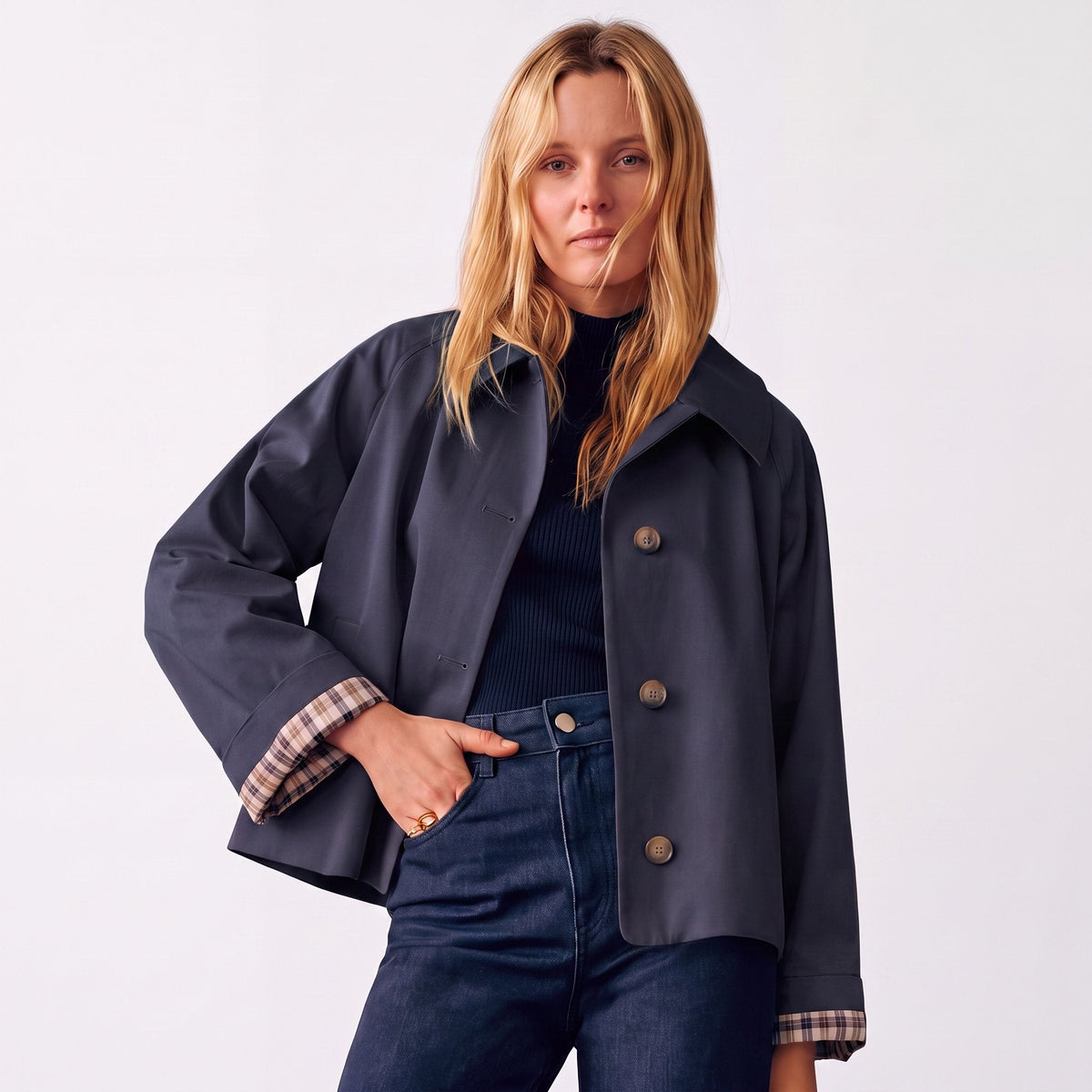 Women's Oversized Short Trench Coat, Button Front Notch Lapel