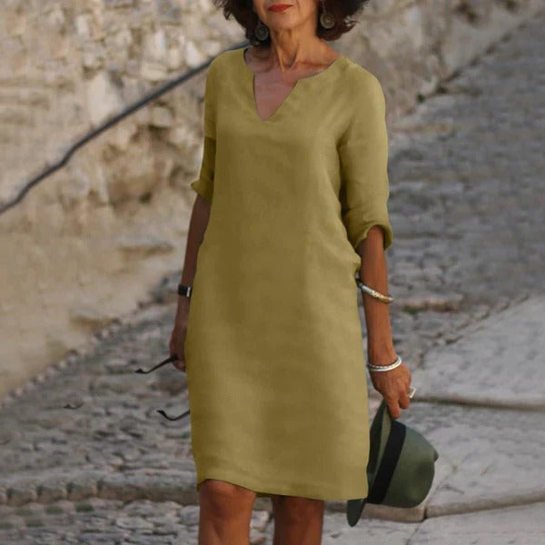 Breathable Cotton Polyester Dress with Relaxed Fit and Three-Quarter Sleeves