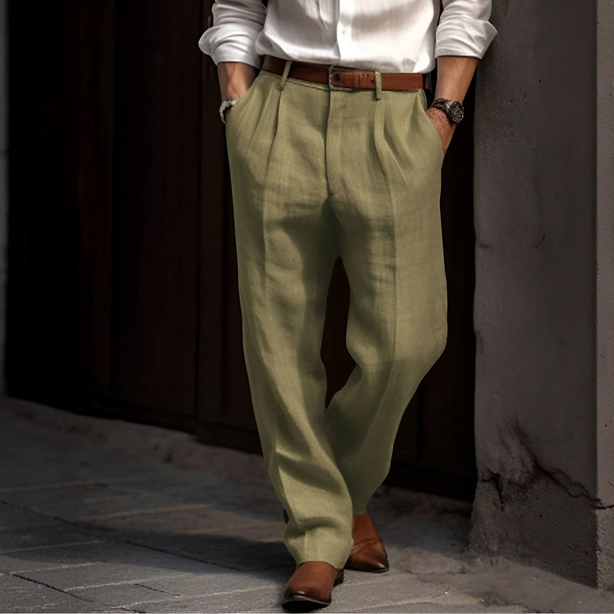 Mens Pleated Cotton Linen Pants with Elastic Waist and Reinforced Seams
