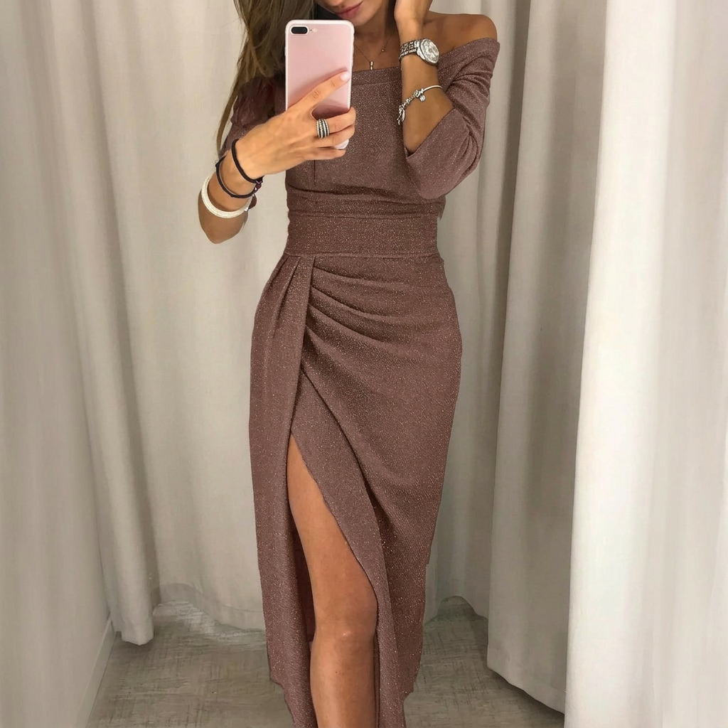 Off-Shoulder Gala Dress with Full-Length Sleeves and Side Slit