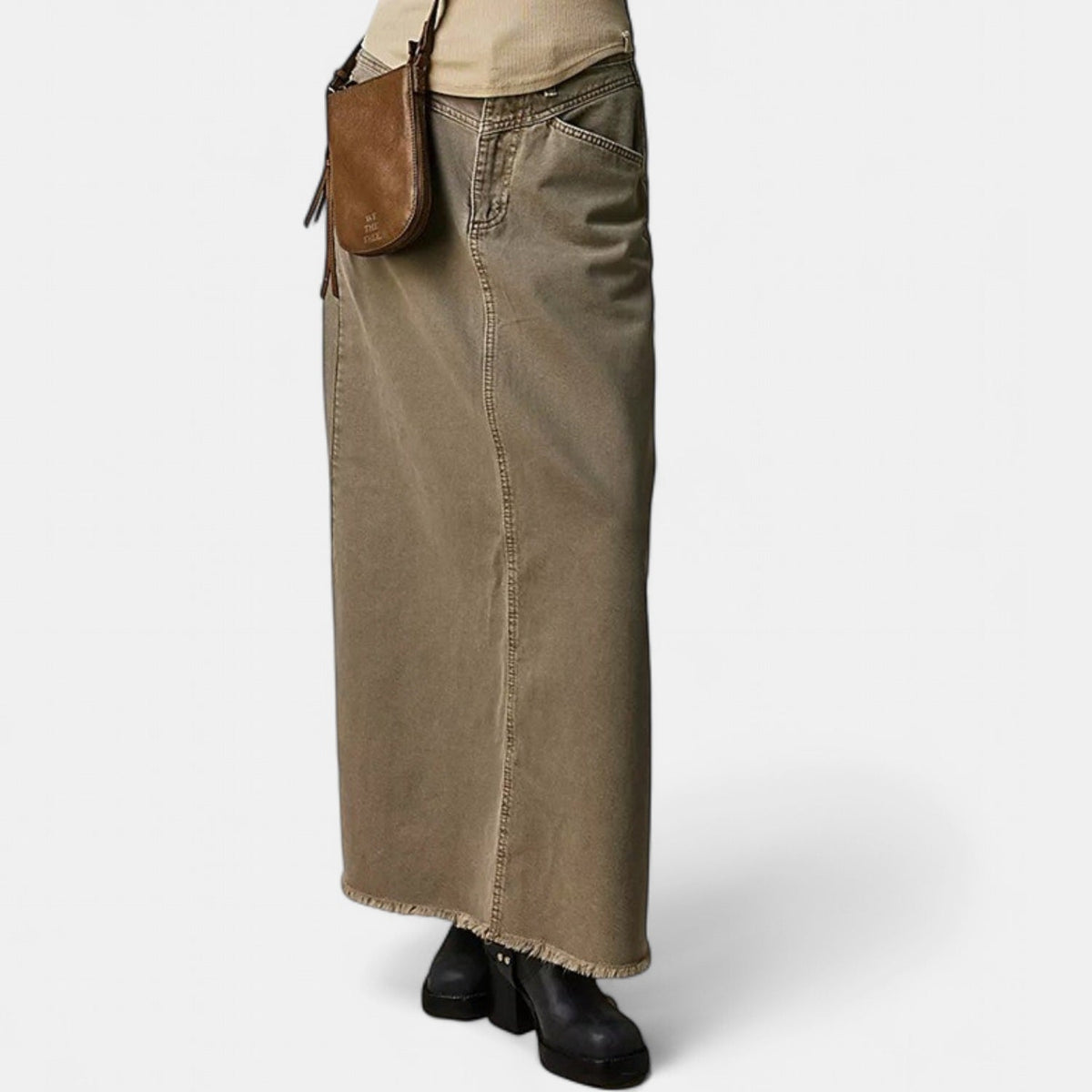 Women's A Line Denim Maxi Skirt, High Waist Raw Frayed Hem