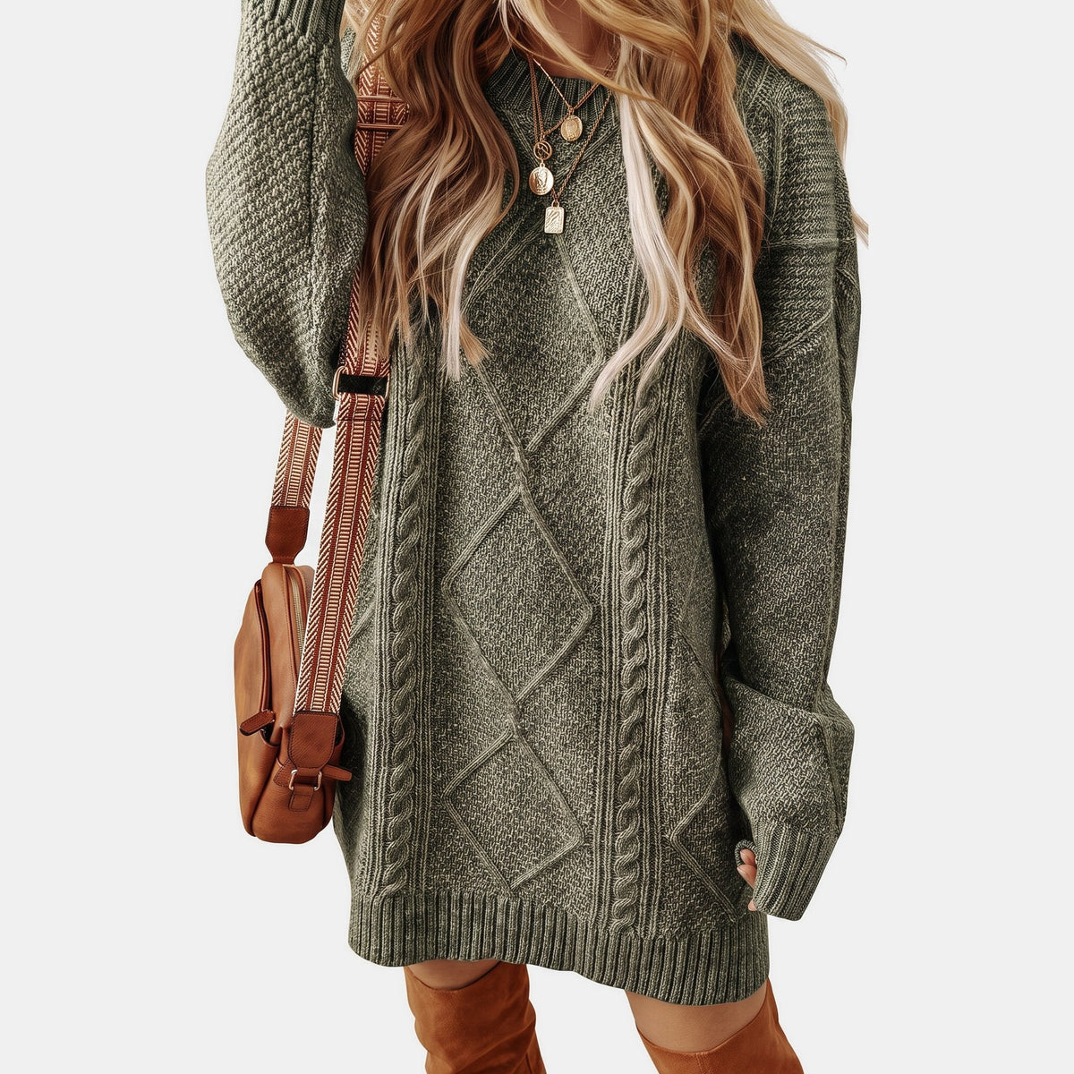 Women's Long Sleeve Oversized Cable Knit Sweater Dress, Crew Neck