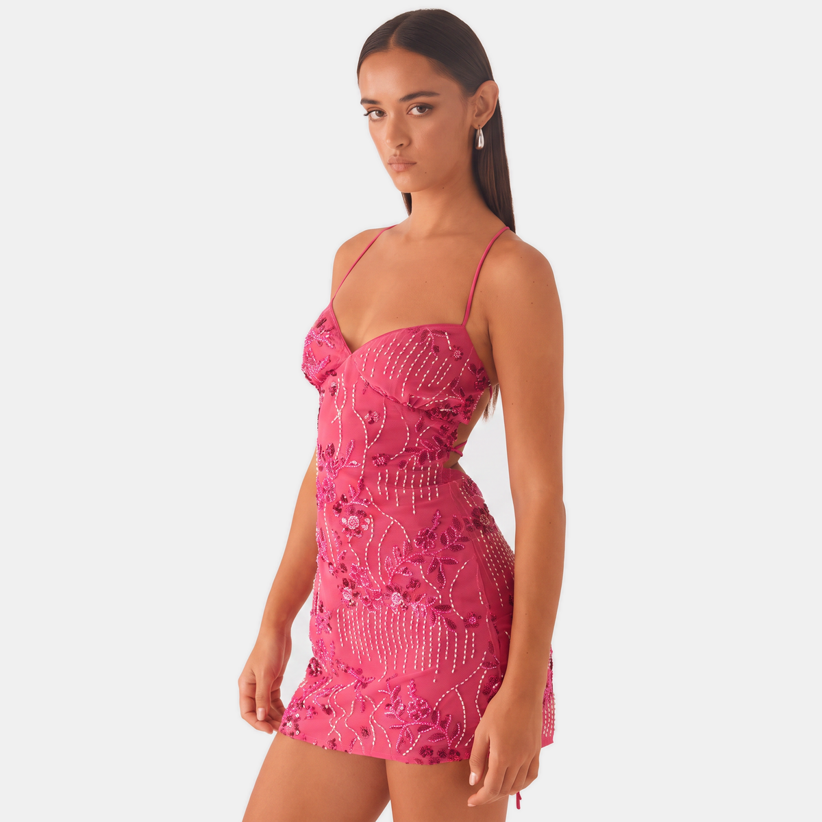Women's Open Back Sequin Floral Mini Homecoming Dress, Beaded Spaghetti Strap