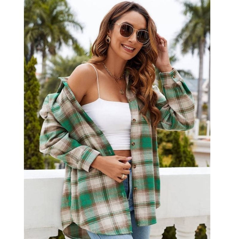 Womens Flannel Plaid Soft Flannel Button Down Shirt, Roll Up Long Sleeve Plaid Blouse