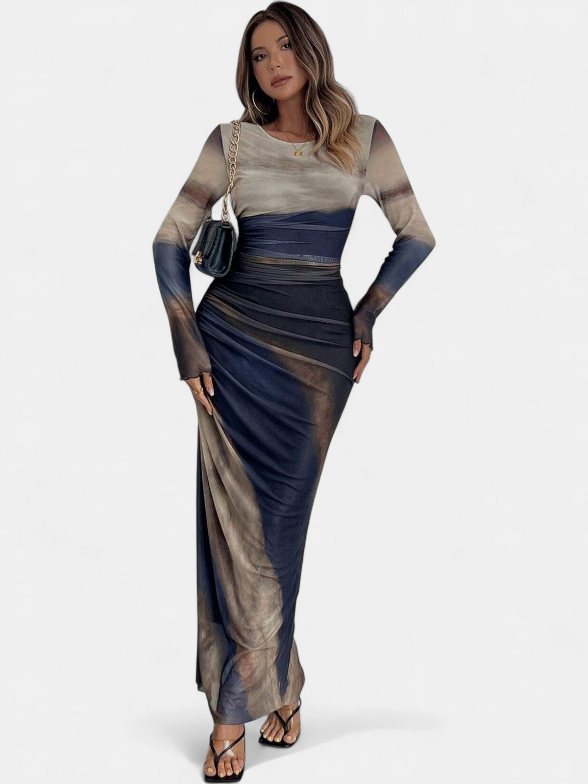TORINA | Printed Bodycon Long Sleeve Maxi Dress