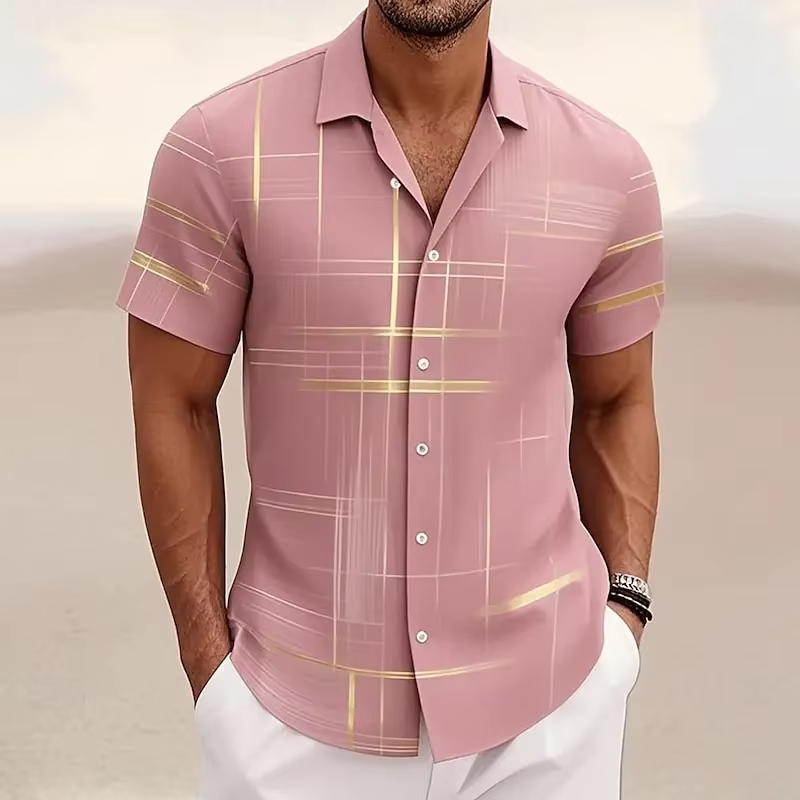 Short Sleeve Button Shirt with 3D Geometric Plaid Pattern and Polyester Blend