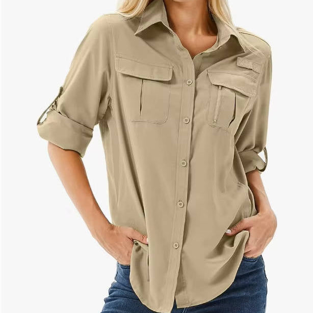 Womens UPF 50 Long Sleeve Shirt with Convertible Sleeves and Mesh Back, Hiking Fishing