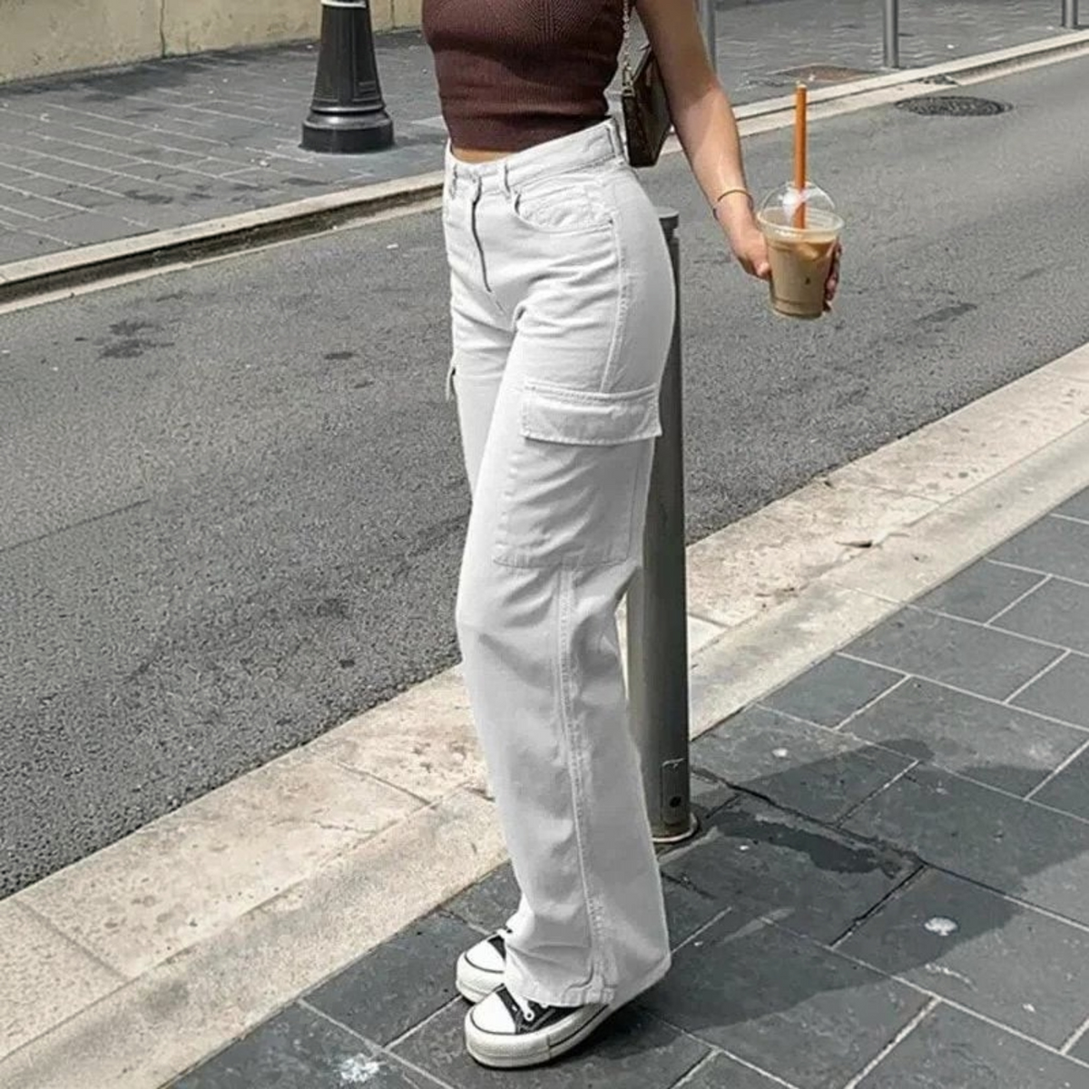 Cotton Blend Cargo Pants with Adjustable Waist Belt and Multiple Pockets