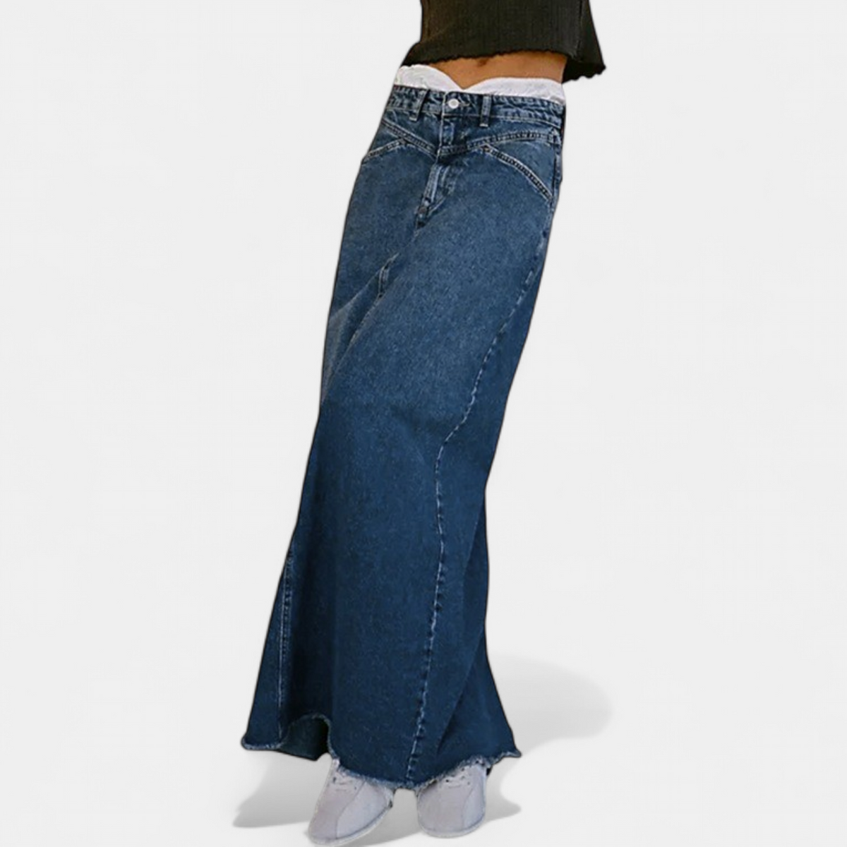 Women's A Line Denim Maxi Skirt, High Waist Raw Frayed Hem