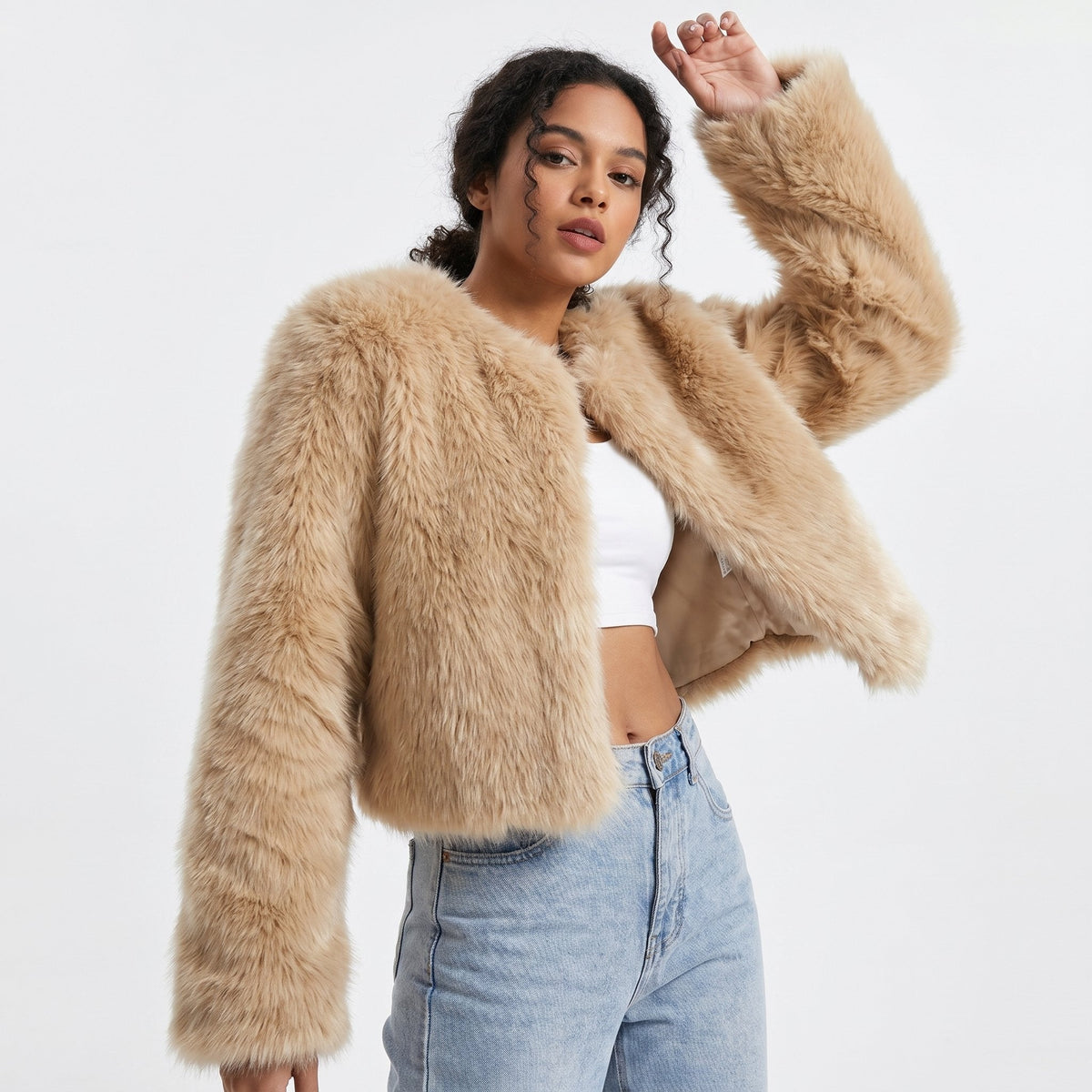NORA | Women's Fluffy Faux Fur Cropped Jacket