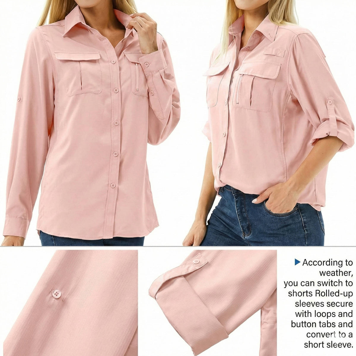Womens UPF 50 Long Sleeve Shirt with Convertible Sleeves and Mesh Back, Hiking Fishing