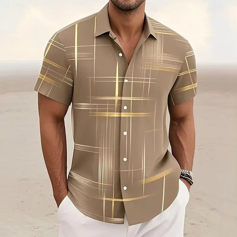 Short Sleeve Button Shirt with 3D Geometric Plaid Pattern and Polyester Blend