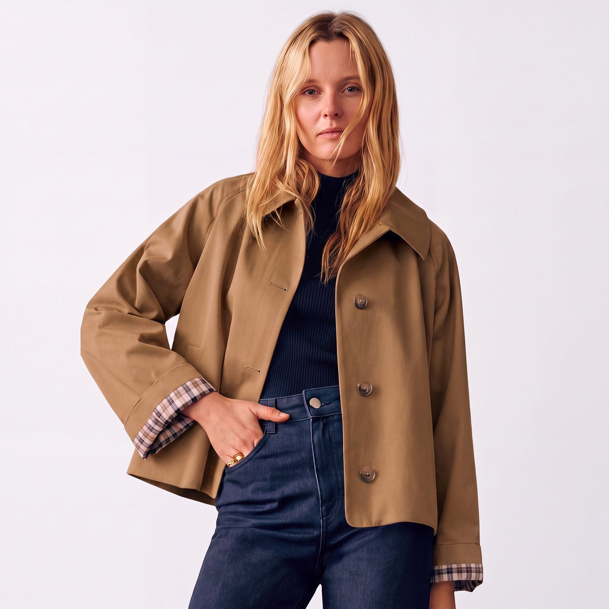 Women's Oversized Short Trench Coat, Button Front Notch Lapel