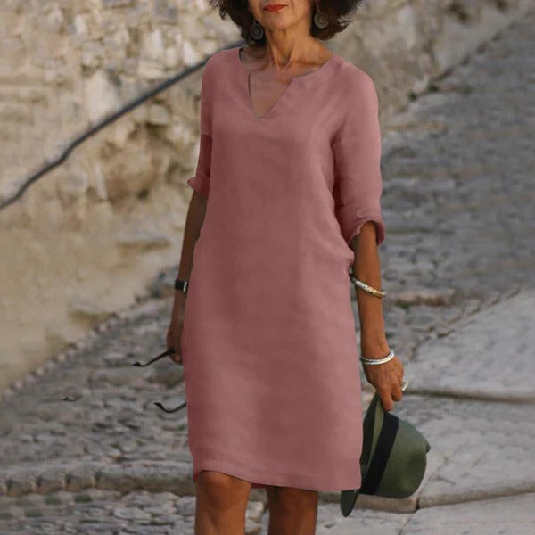 Breathable Cotton Polyester Dress with Relaxed Fit and Three-Quarter Sleeves