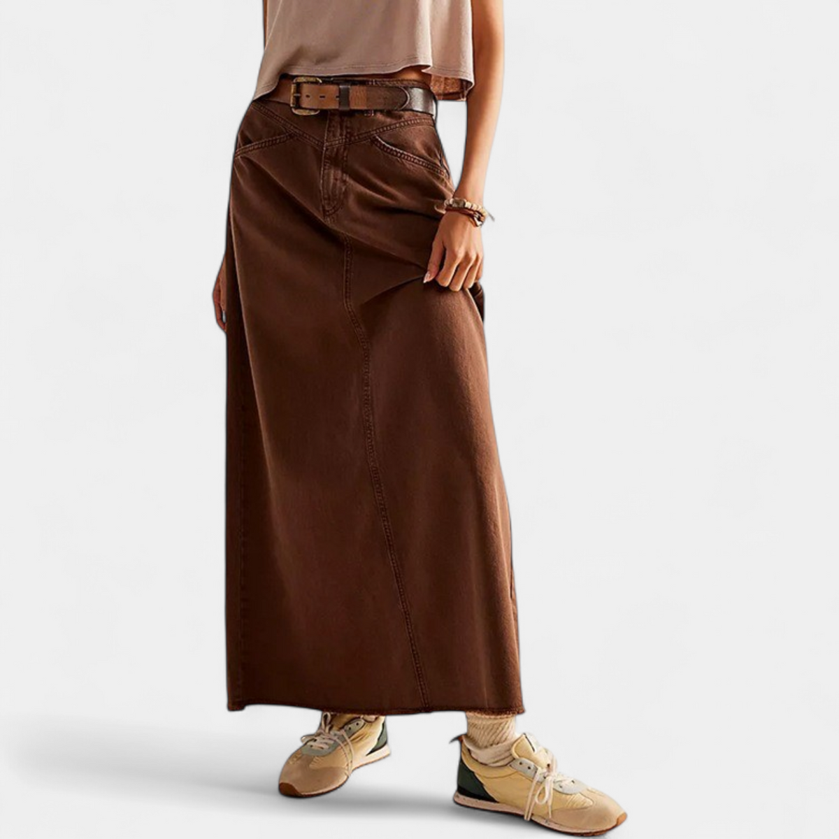 Women's A Line Denim Maxi Skirt, High Waist Raw Frayed Hem