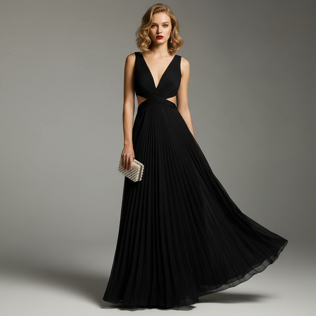 Ankle-Length Maxi Dress with Deep V Neckline and Pleated High Waist, Breathable Fabric