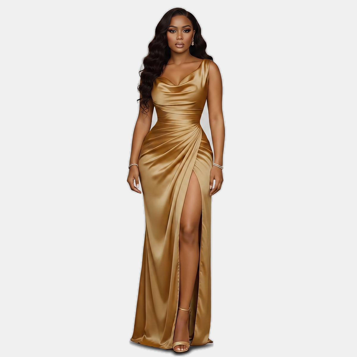 Women's Mermaid Satin Homecoming Dress, Cowl Neck High Slit