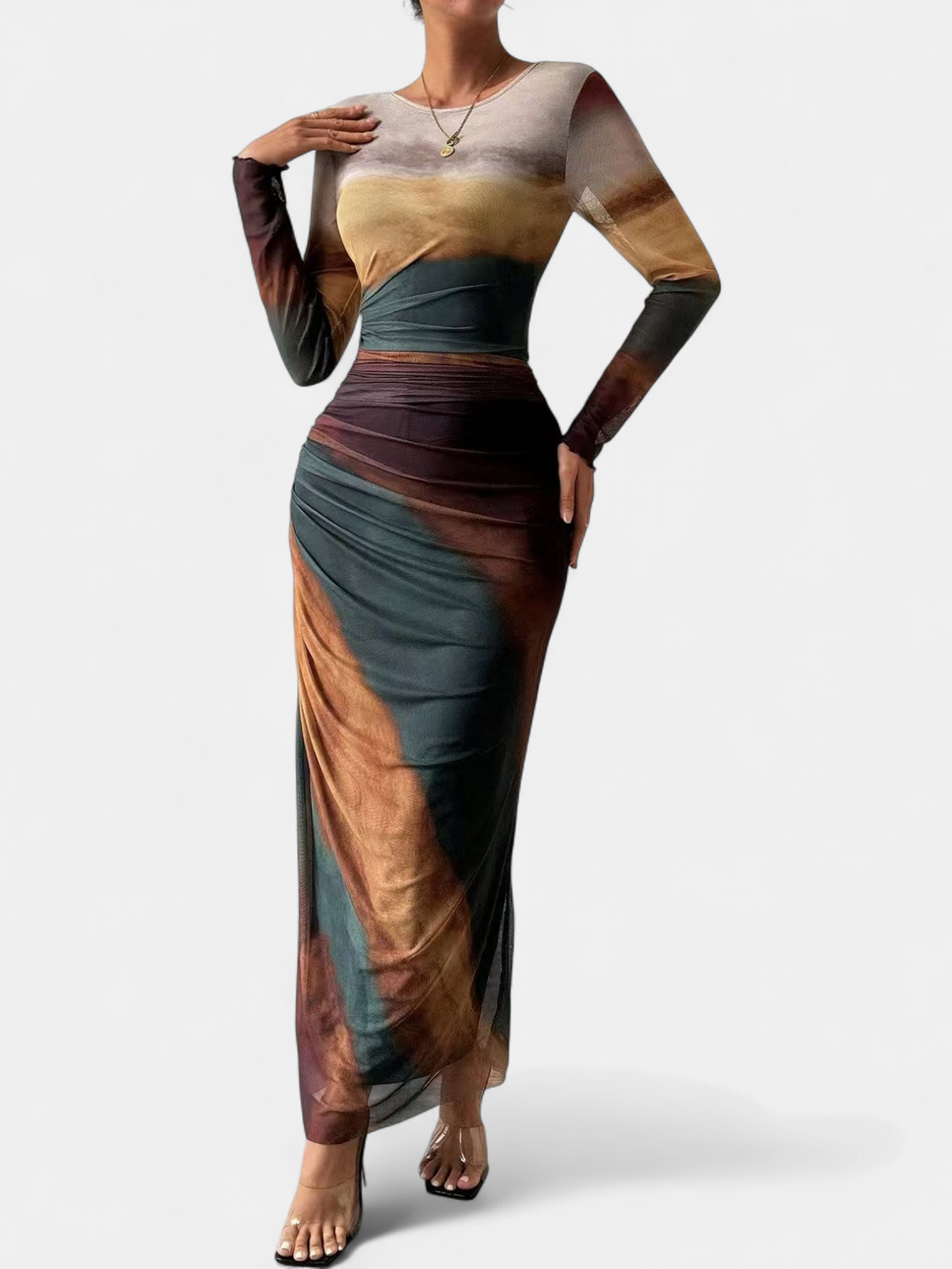 TORINA | Printed Bodycon Long Sleeve Maxi Dress