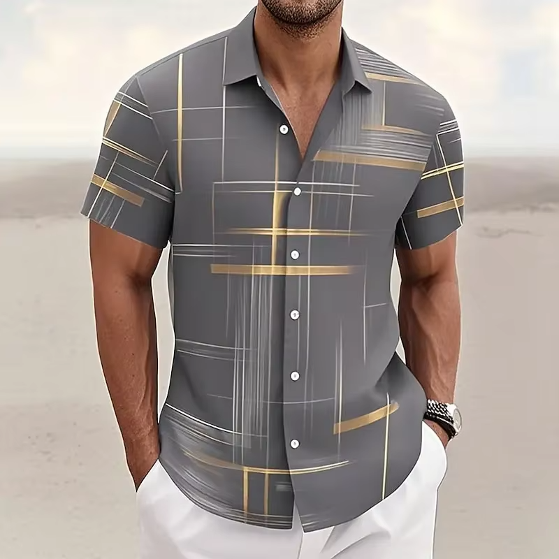 Short Sleeve Button Shirt with 3D Geometric Plaid Pattern and Polyester Blend