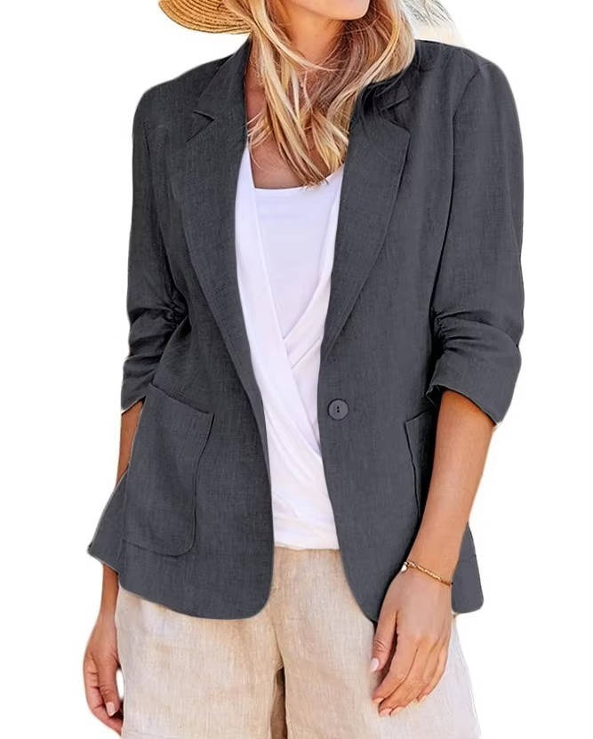 Womens Linen Blazer with Cinched Waist and Ruched Three Quarter Sleeves