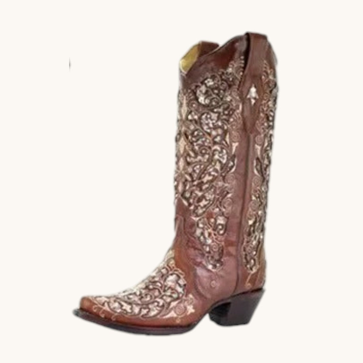 Womens Knee High Boots with Sequined Embroidery and Pointed Toe, Block Heel