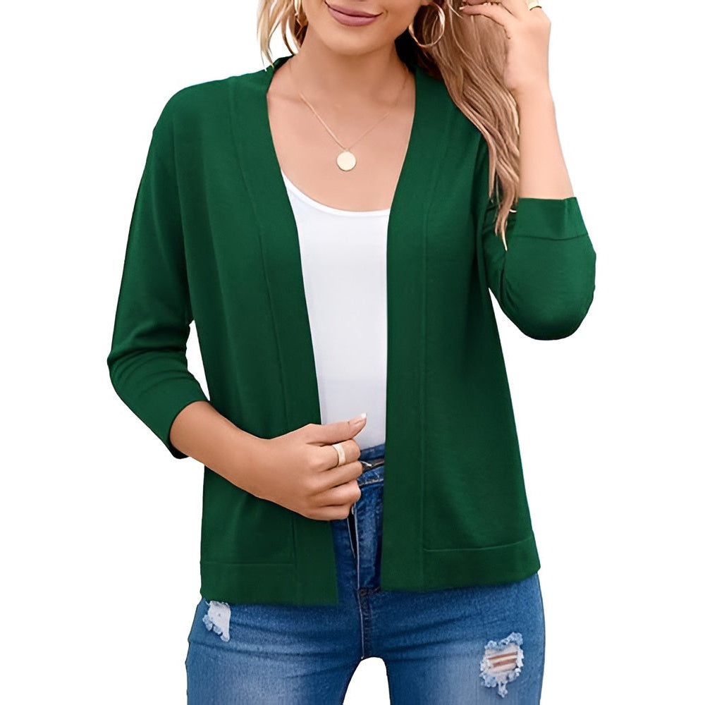 Womens Cropped Cardigan with 3 Quarter Sleeves and Open Front, Viscose Nylon Blend