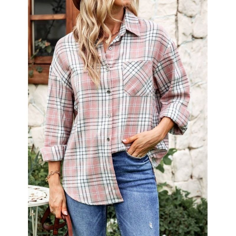 Womens Flannel Plaid Soft Flannel Button Down Shirt, Roll Up Long Sleeve Plaid Blouse