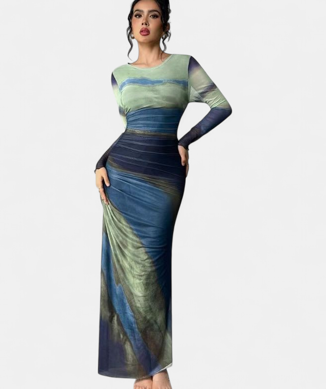TORINA | Printed Bodycon Long Sleeve Maxi Dress